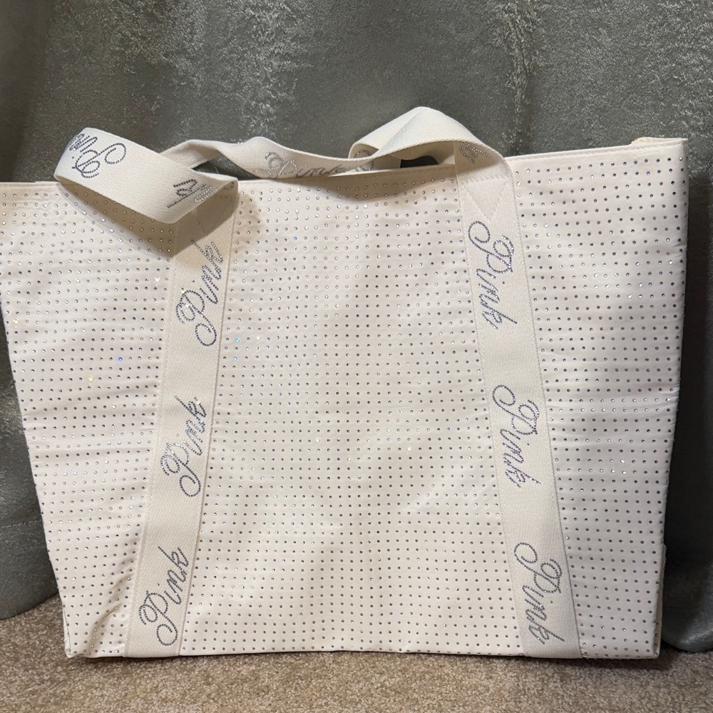 PINK Victoria's Secret Cream and Silver Glitter Tote with Branded Straps NWT